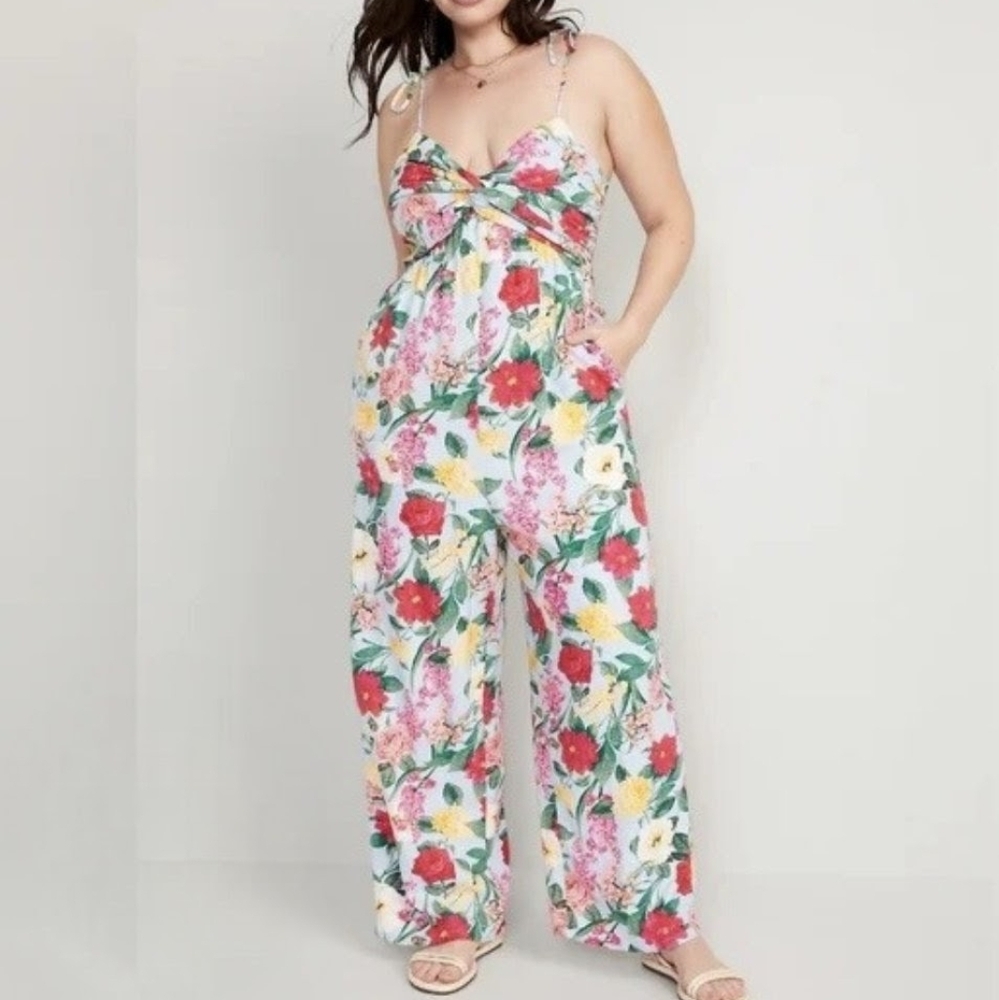 Old Navy Floral Jumpsuit With Tie Shoulder And Pockets Size Large